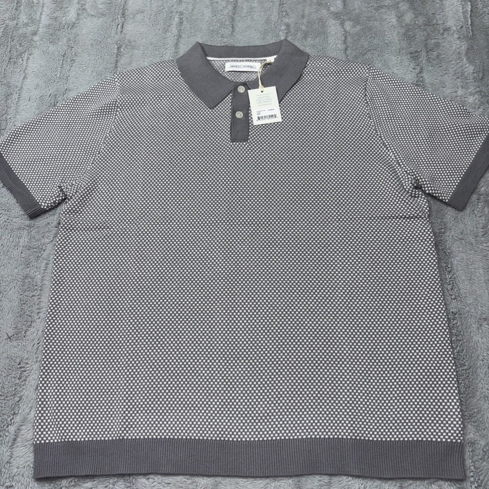 James Campbell gray and white patterned knit polo shirt Lg NWT